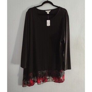 CJ Banks 2X Black  Lace Red Trim Asymmetrical New NWT L/S Tunic Lagenlook Top